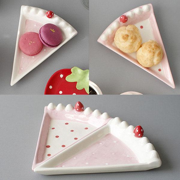 딸기 조각 케이크모양 도자기 디저트접시(2type) 핸드메이드 도기 케익 쿠키 마카롱 접시