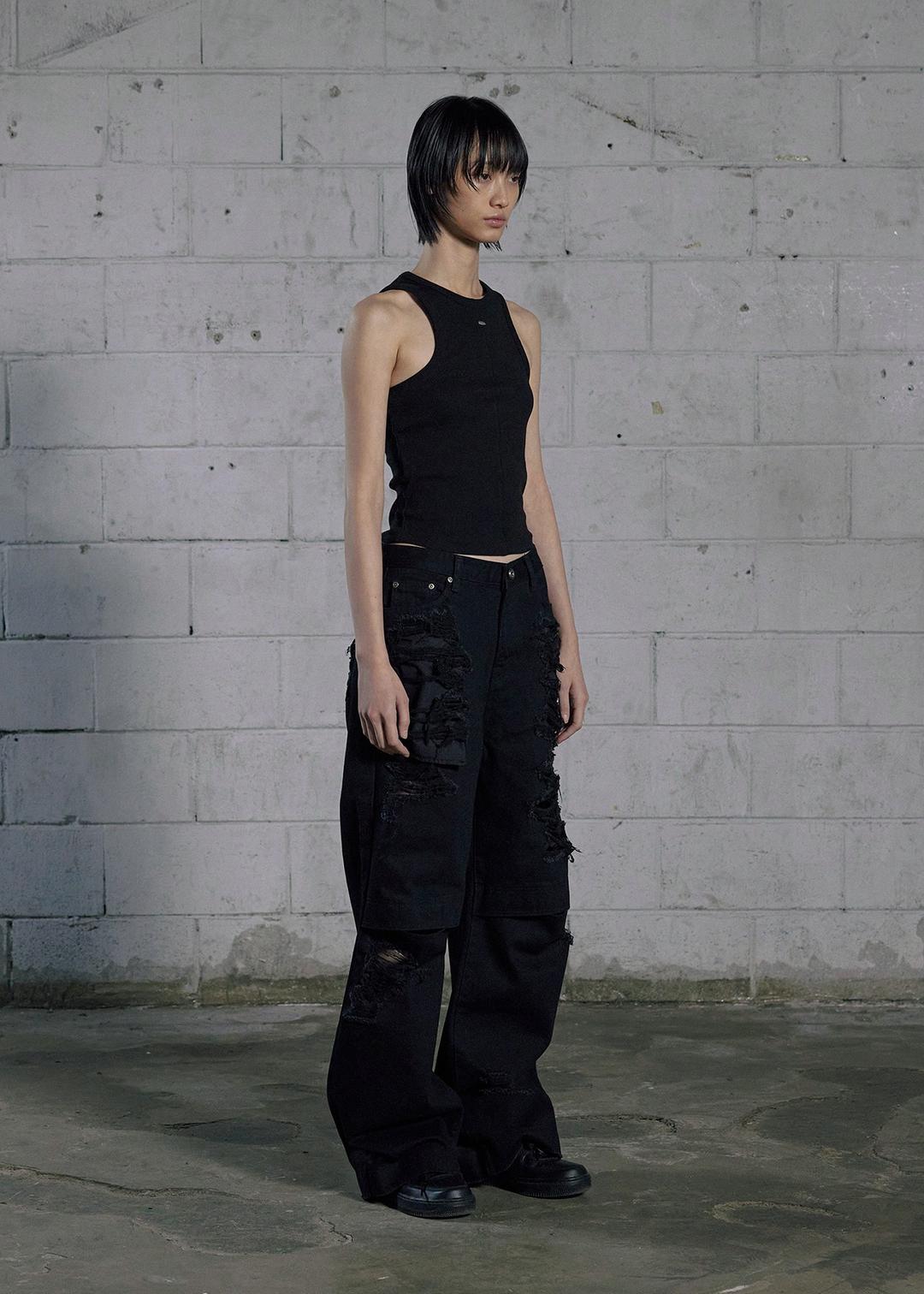 KNEE OPEN RIPPED WIDE JEANS, BLACK