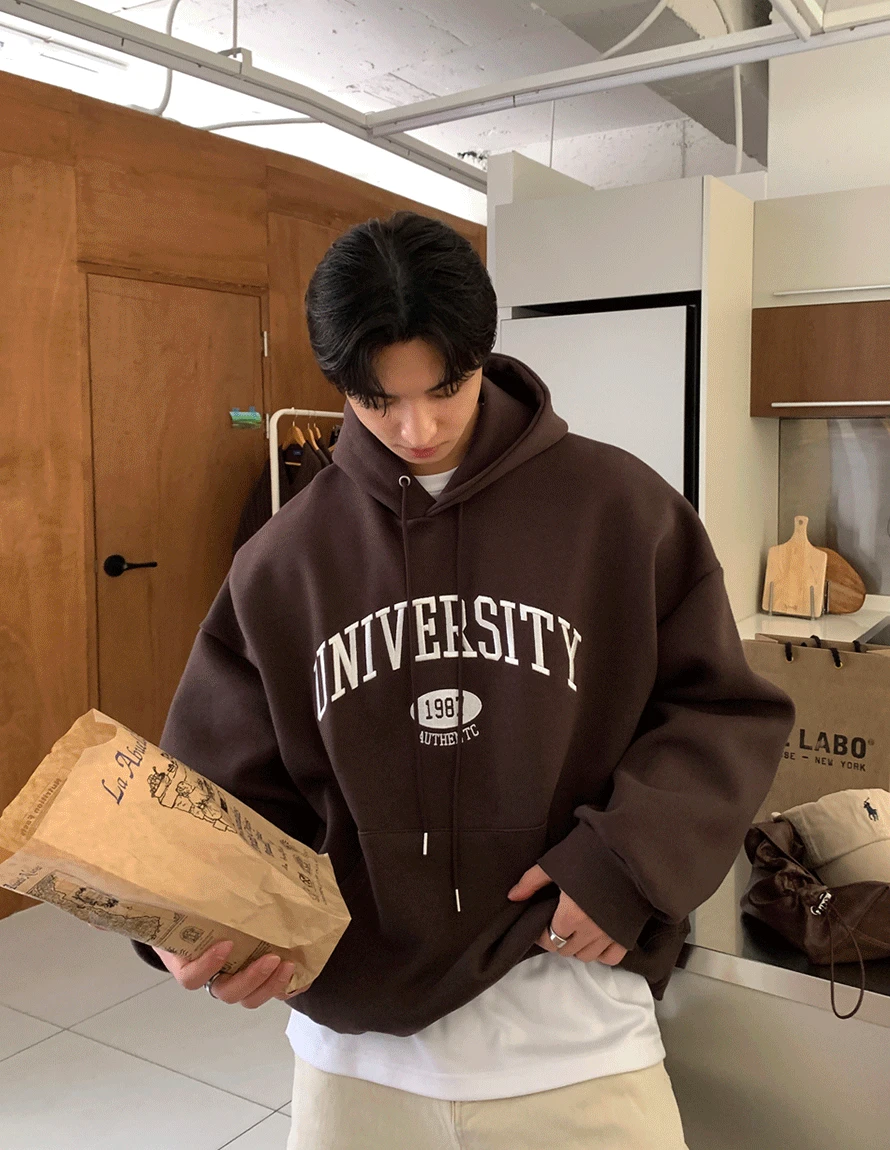 룩 어반 유니버시티 자수 이중지 오버핏 후드티