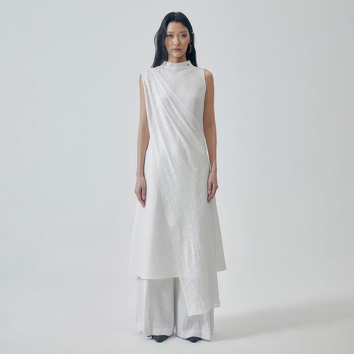 Desert-Inspired Layered Cotton Dress [ White ]