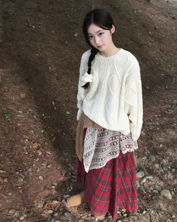 [데이빈made/모리걸🌱] 라프 펀칭 니팅 레이어드 체크 sk