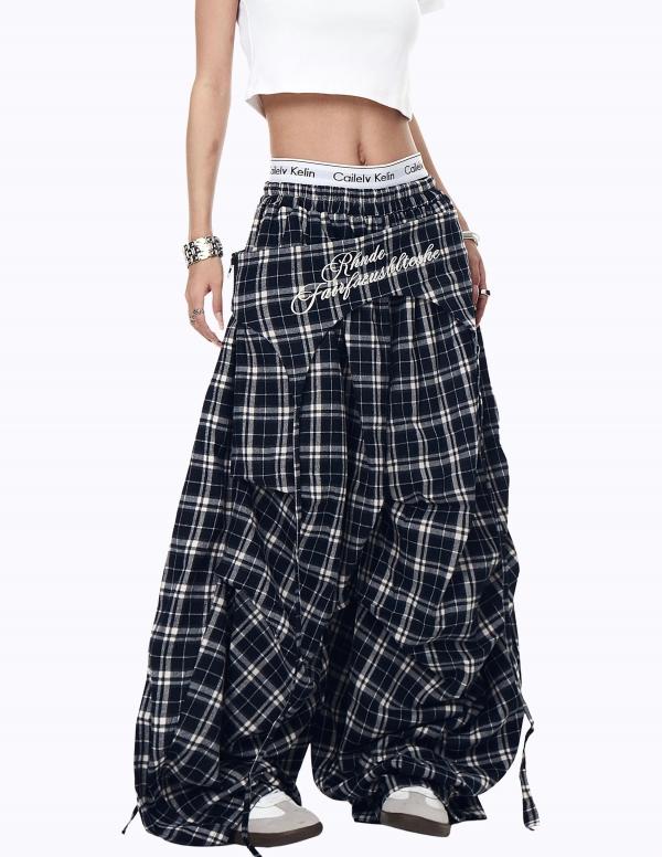 체크 레이어드 플리츠 팬츠