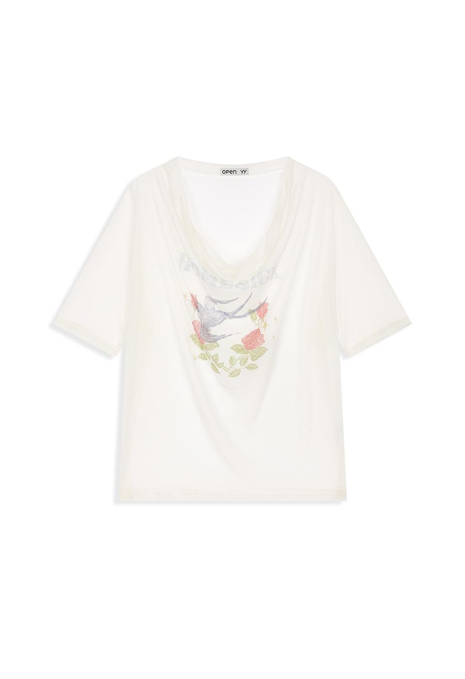 ROSE & SWALLOW COWL NECK T-SHIRT, IVORY