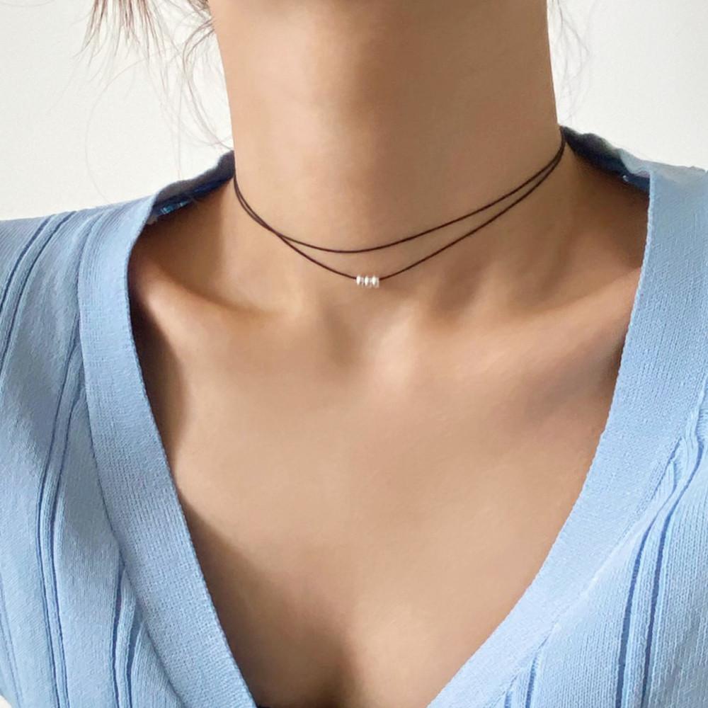 블랙 끈 두줄 초커 목걸이 실버925 펜던트