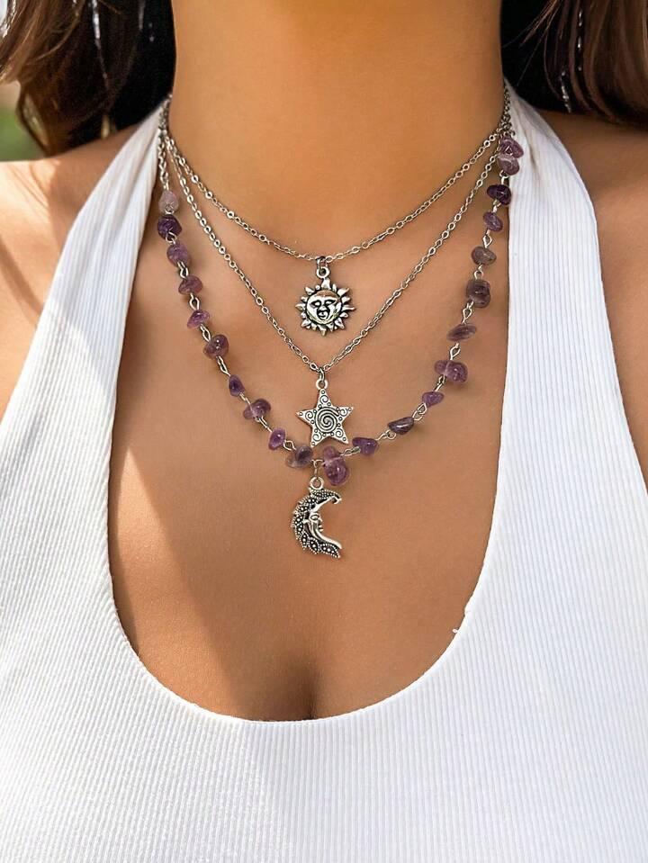 Fairycore 3pcs Simple & Sun Moon Fairy Pendant Crystal Beaded Chain Necklace Set