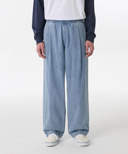 린넨 라이크 원 턱 와이드 밴딩 데님 팬츠 [라이트 인디고]