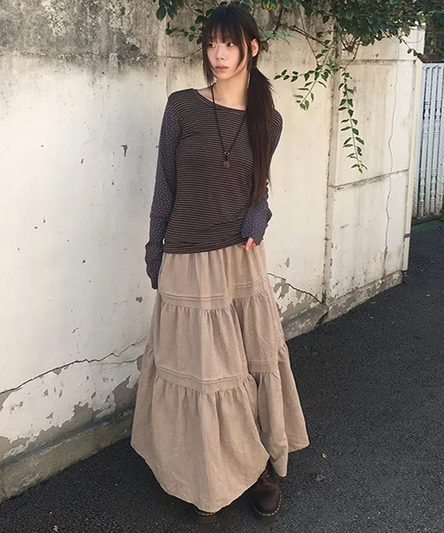 사키 히시 빈티지 스웨이드 밴딩 캉캉 롱 스커트
