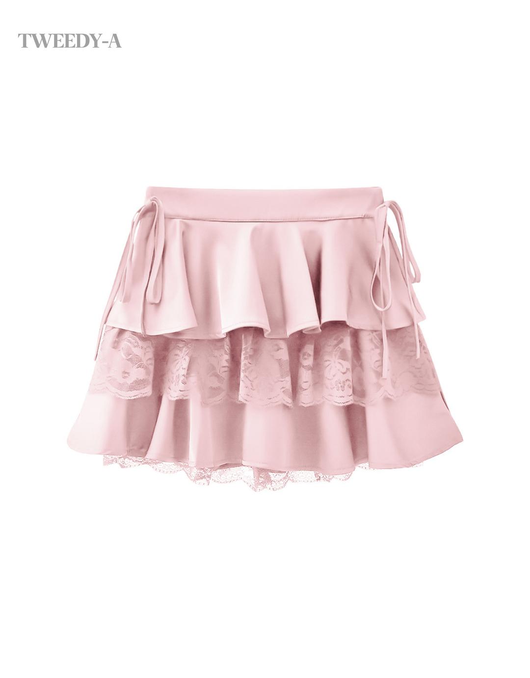 앙 레르 로맨틱 쉬폰 캉캉 플레어 미니 스커트 로즈 핑크