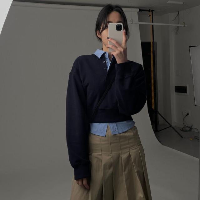 조이 루즈핏 쭈리 버튼 헨리넥 크롭맨투맨