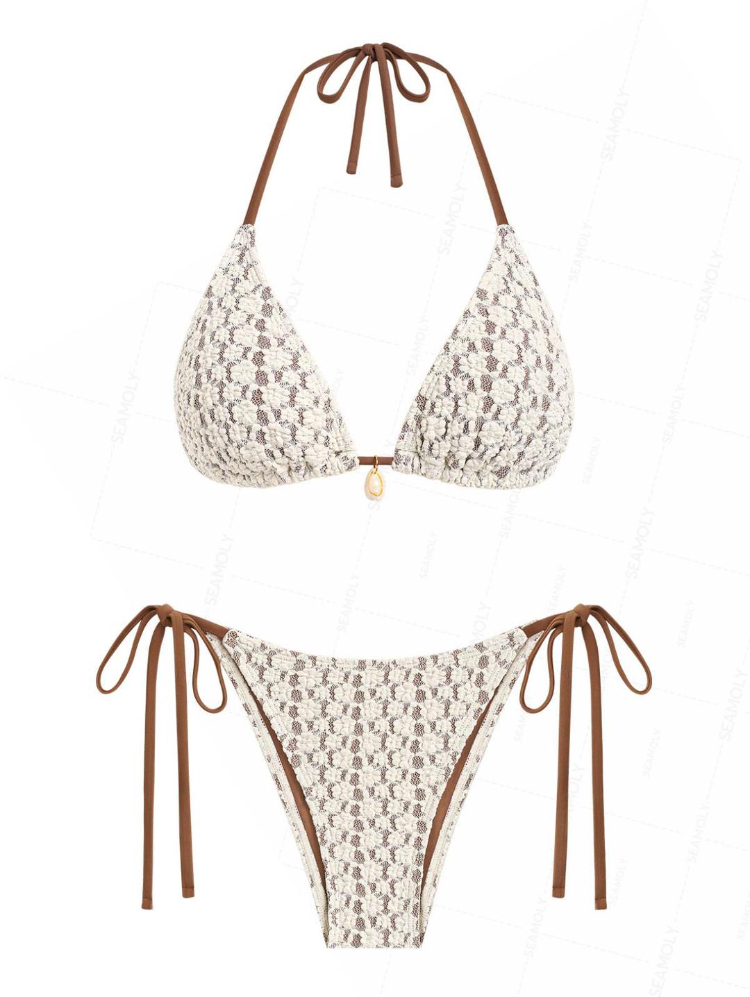 Seamolly Contrast Color Lace Shell Decor Halter Triangle Bikini Set