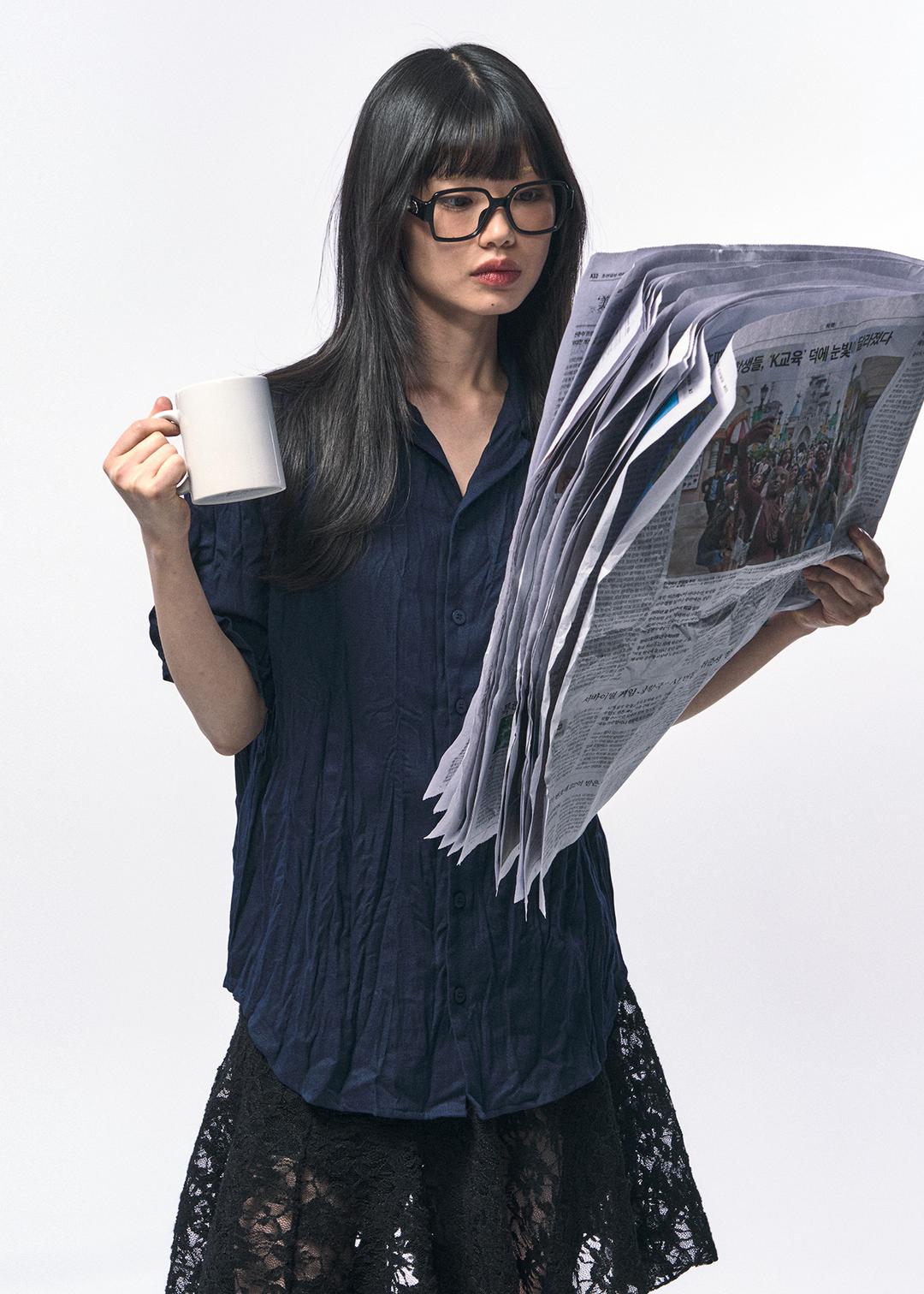 크링클 린넨 하프 셔츠 네이비