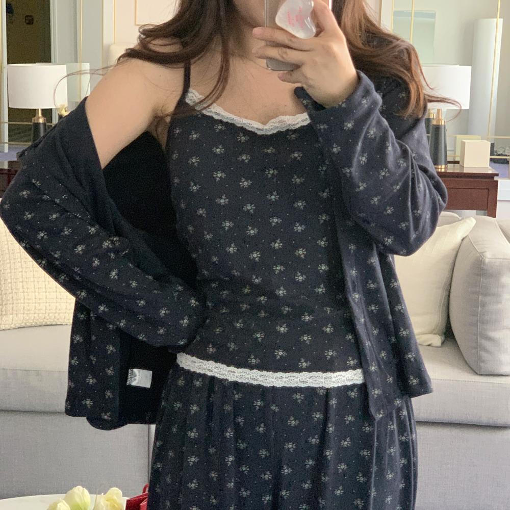 리틀슬로스 캡내장 미스티 3피스 잠옷 기모 파자마 모찌 스판 세트 꽃 슬립 나시