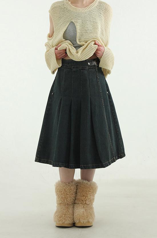 western belt pleated wrap denim midi skirt