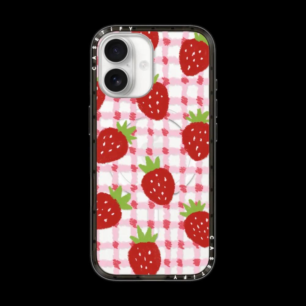 sweet red strawberries with pink check pattern - crayon texture