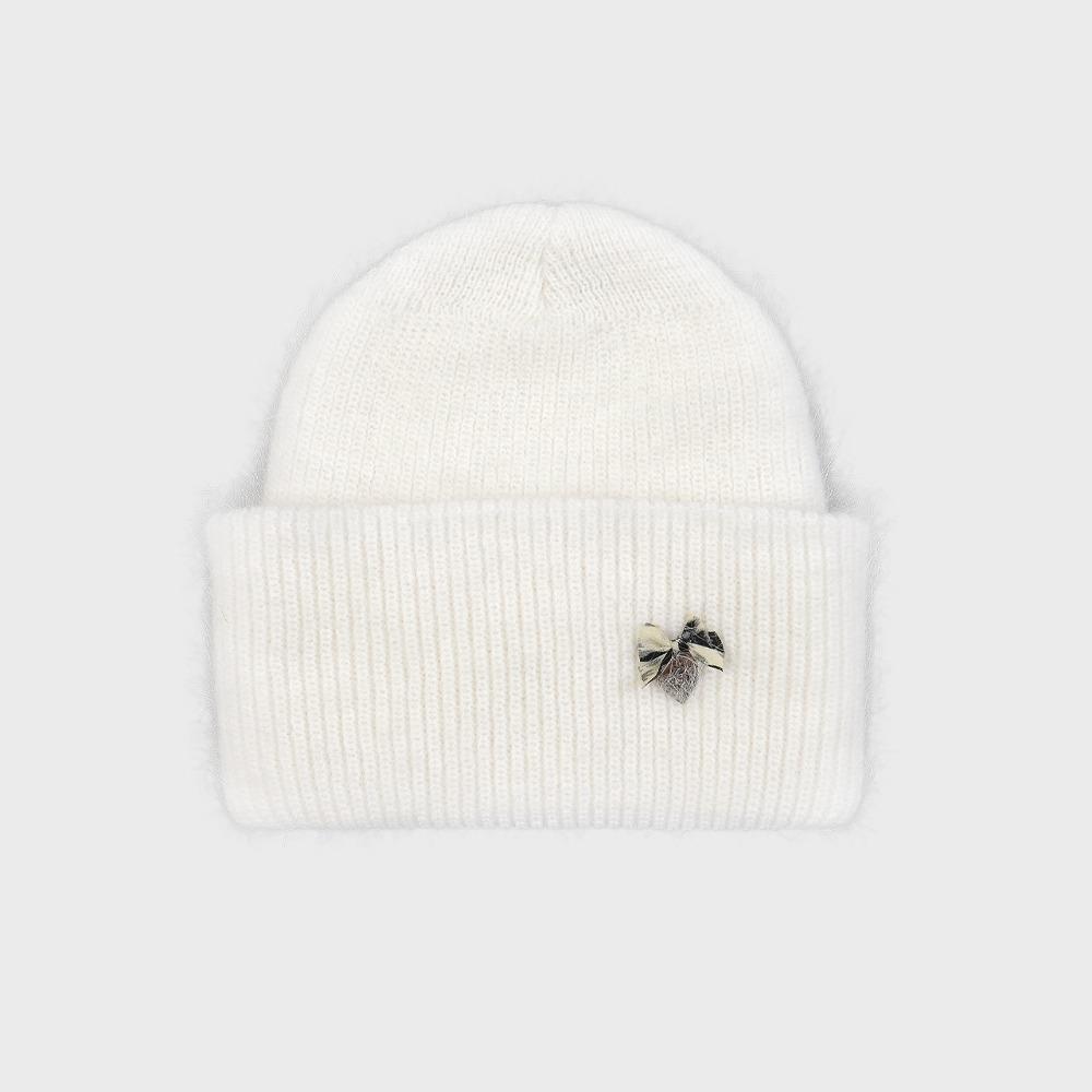 LEOPARD BOW ANGORA BEANIE (CREAM WHITE)