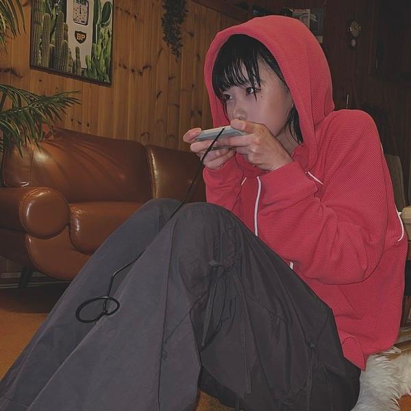 pigment washing waffle two-way hoodie zip-up