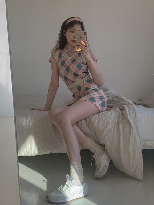 ARGYLE KNIT VEST SKIRT SET(PINK, GREY 2COLORS!)