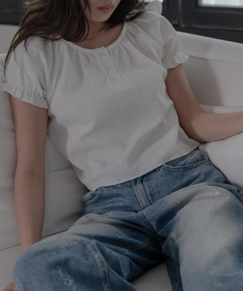 퍼프 헨리넥 버튼 블라우스_화이트