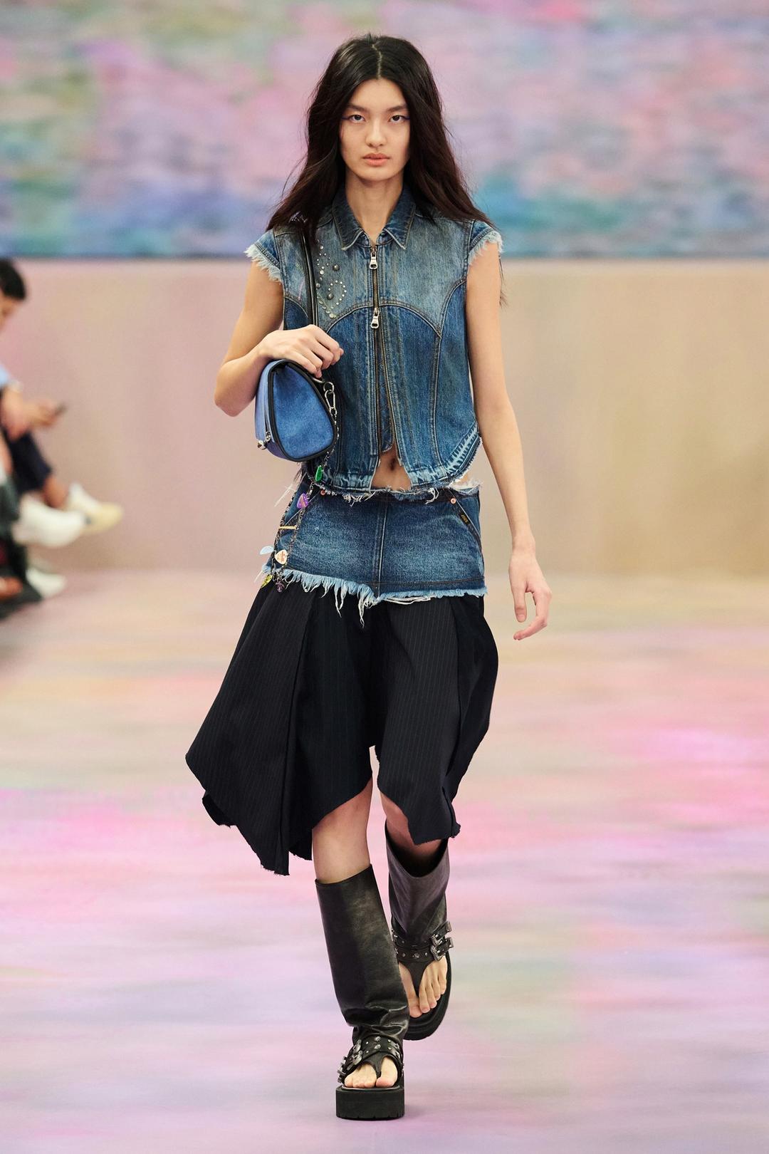 DENIM COMBINATION FAIRY SKIRT apa800w(NAVY)