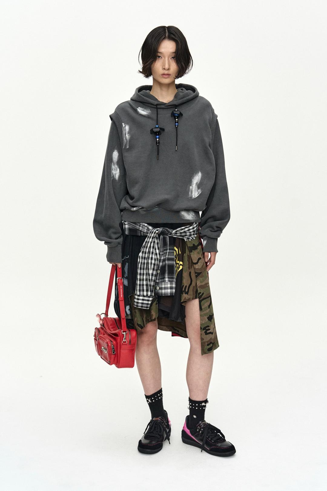 METALLIC PAINTED LAYERED HOODIE atb1472w(CHARCOAL)