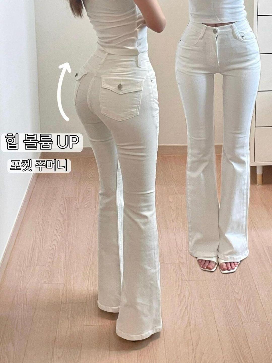 (여름원단) (백포켓+롱다리) 뒷 포켓 화이트 부츠컷 청바지