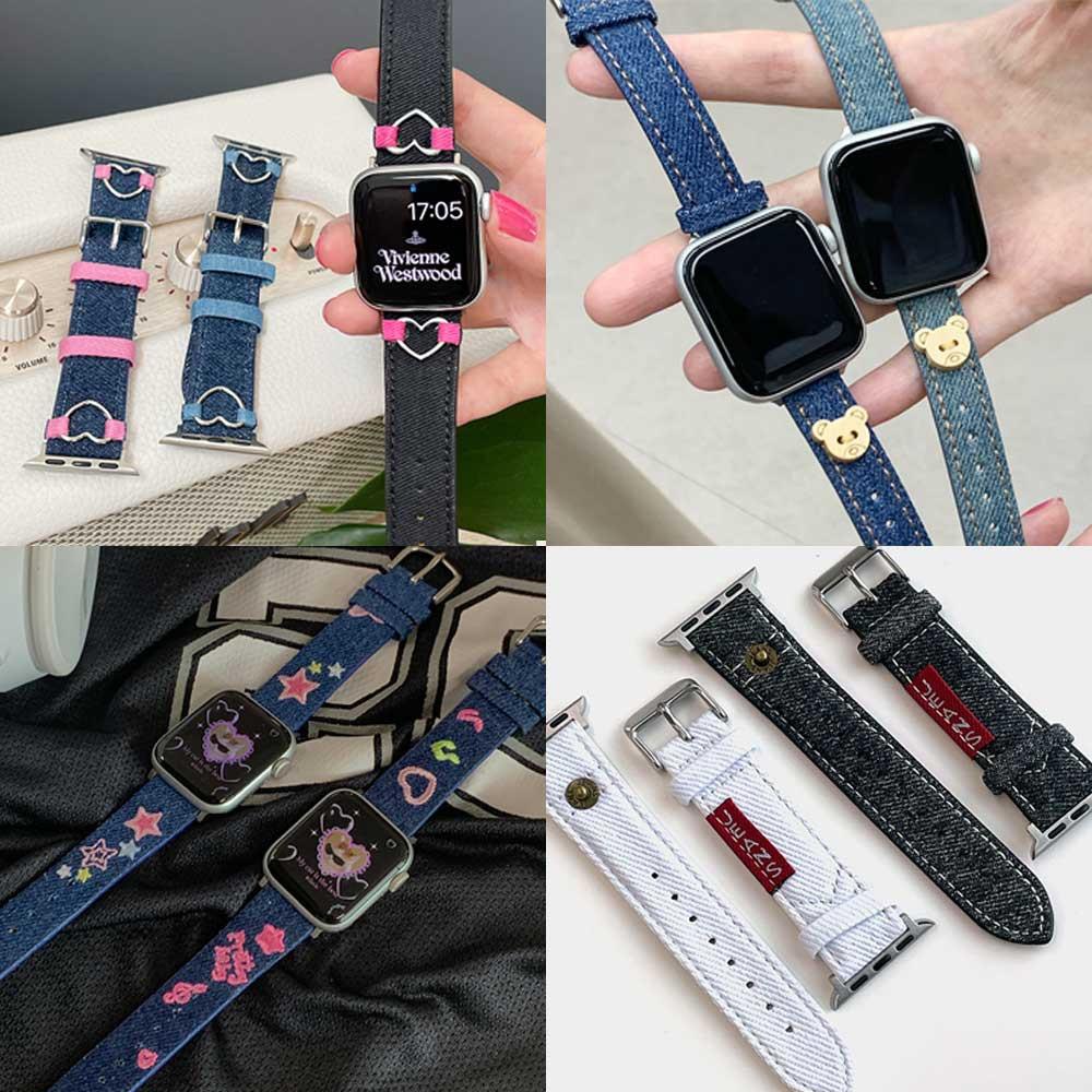 애플워치 데님 스트랩 유니크 심플 슬림 자수 데일리 가죽 가벼운 하트  8 7 6 SE 2 파비즈