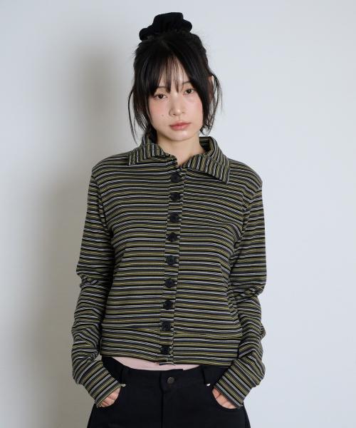 STRIPED HIGH NECK BUTTON CARDIGAN - OLIVE