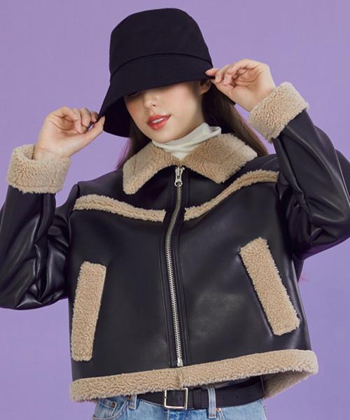 WOMEN 크롭 오버핏 무스탕 플리스 시어링 자켓 [Black_Beige]