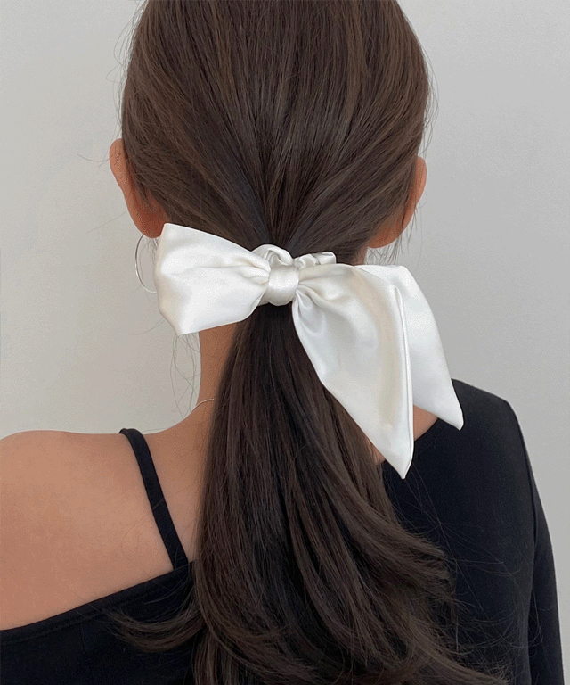 [오엔느](흰,베,검) 슈가 리본 곱창 밴드 리본끈 새틴 실크 스크런치 언발 로우번 무지