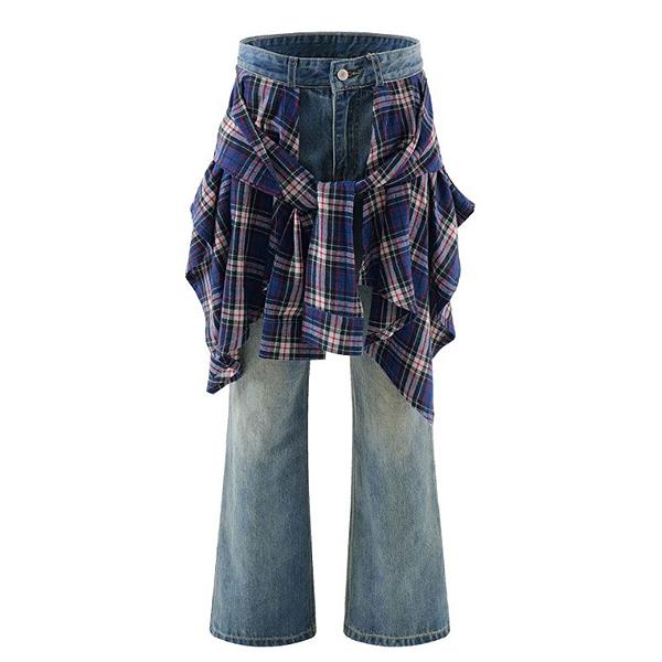 Blue Check Shirt Fake Layered Washing Denim Pants (3551)