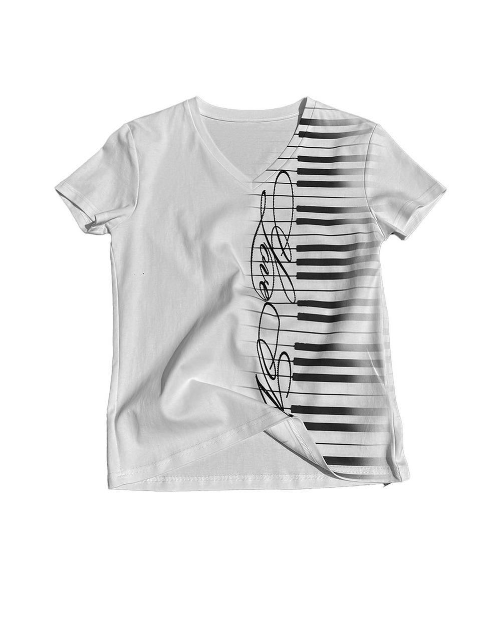 Love Music Piano Print Rhinestone V-Neck Tee