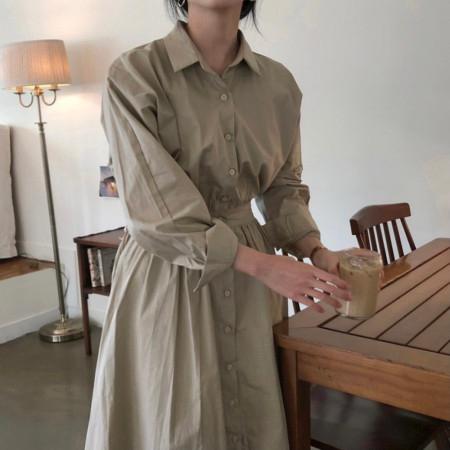 커멜 카라넥 셔츠형 밴딩 루즈핏 가을 여성 롱원피스 2color 베이지 네이비