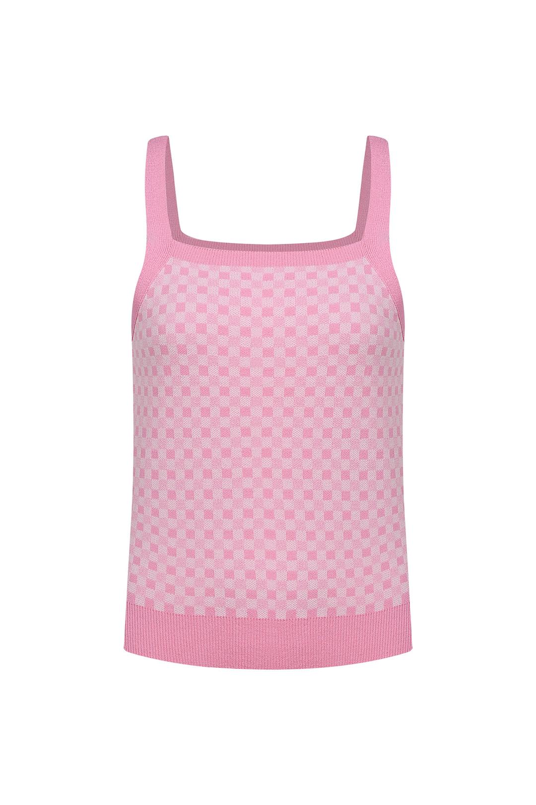 Gingham Check Sleeveless Knit Top-Pink