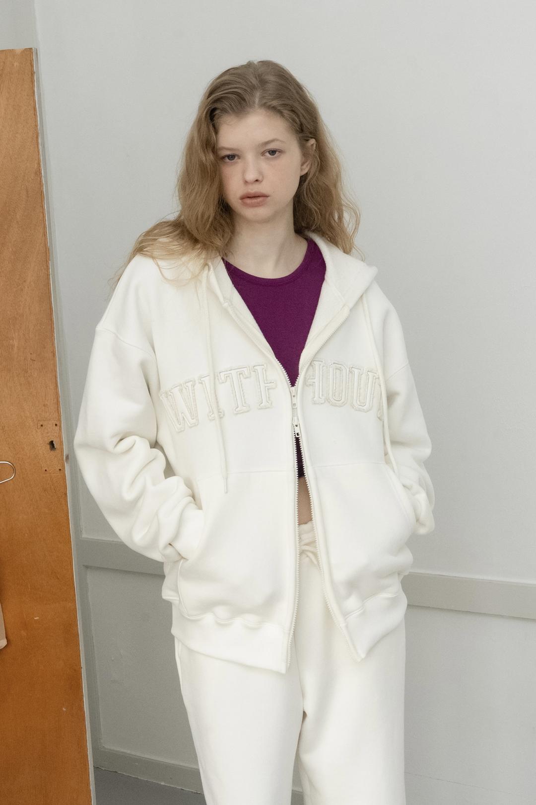 Solid stitch hood zip-up_ivory