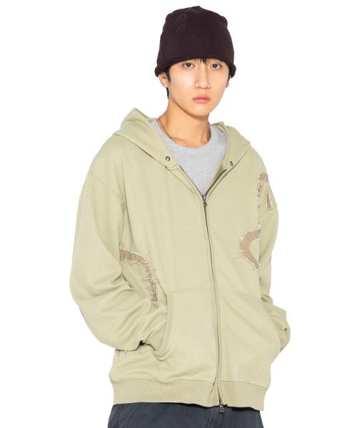 XTT151 플로우 아플리케 와플 후드 집업 (SAGE GREEN)