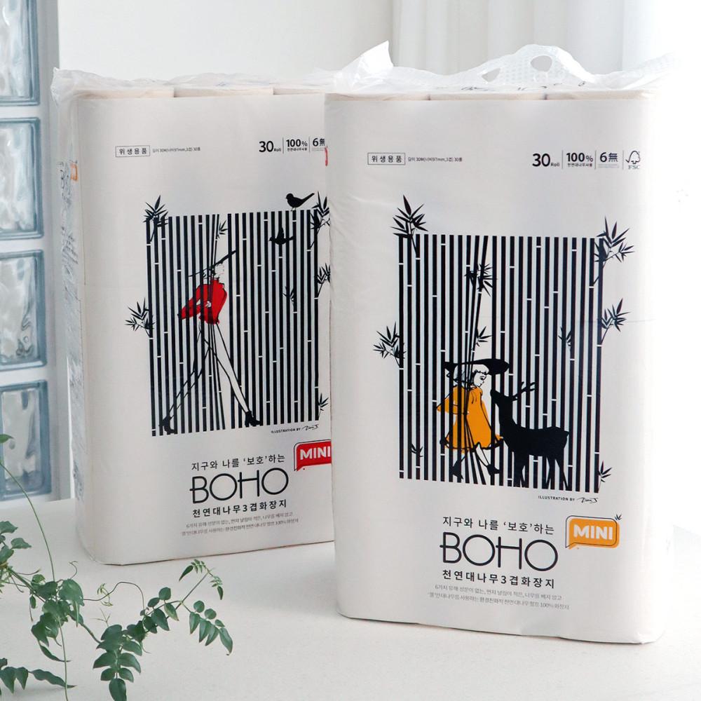 BOHO 미니 30롤2개 3겹 30m 먼지없는 친환경 대나무화장지
