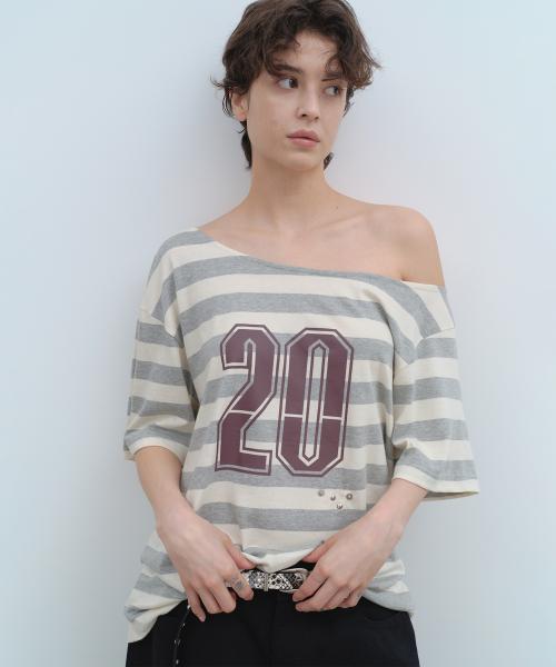 오프숄더 스트라이프 티셔츠 [멜란지 그레이]