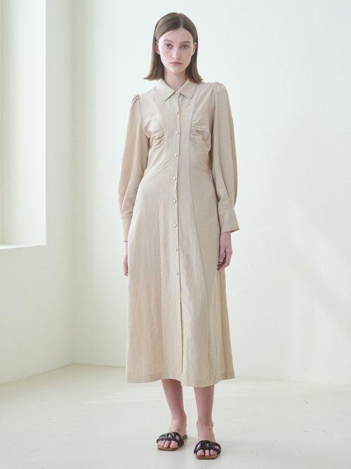 Front Shirring Shirts Dress - Beige