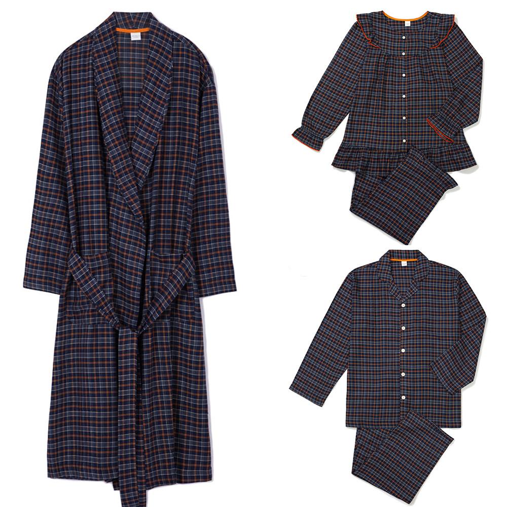 체크 로브가운 피치기모 잠옷 네이비 오렌지 캐시미어 실내 수면 로브 잠옷