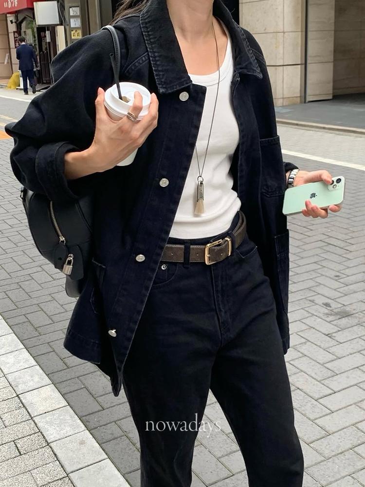 나우어데이즈 jinsim 진심 이브닝 데님 자켓 코튼 긴팔 카라 흑청 블랙 청자켓
