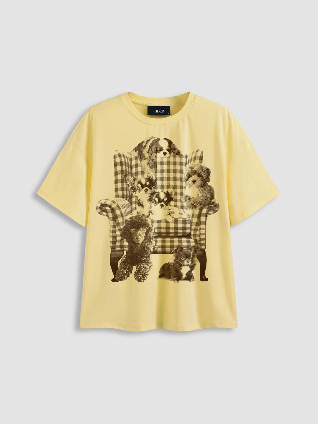 Cotton-blend Gingham Sofa Dog Graphic Oversized Tee