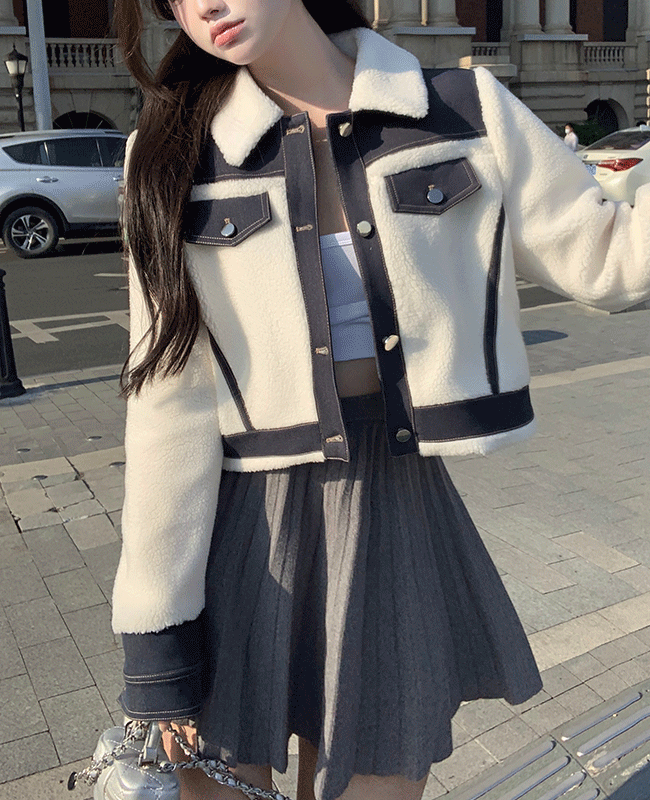 [겨울자켓/데님자켓] 겨울 데님배색 자켓 흑청자켓 하프코트 양털코트 데일리룩 시크룩
