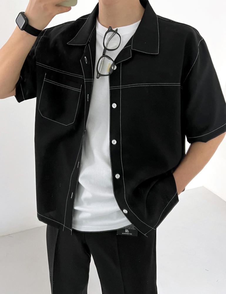 델리 스티치 오버핏 반팔 크롭 셔츠