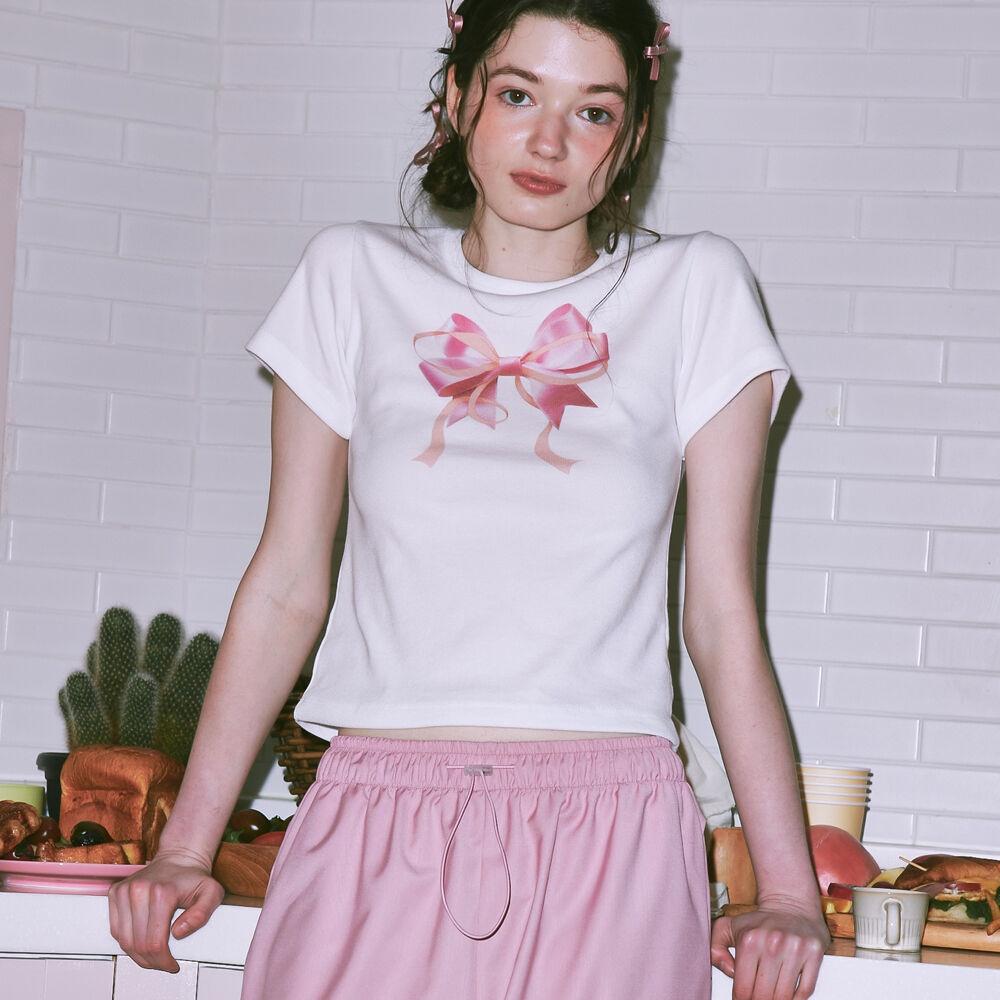 [제니,수지착용] DOUBLE RIBBON SLIM CROP T SHIRT WHITE PINK