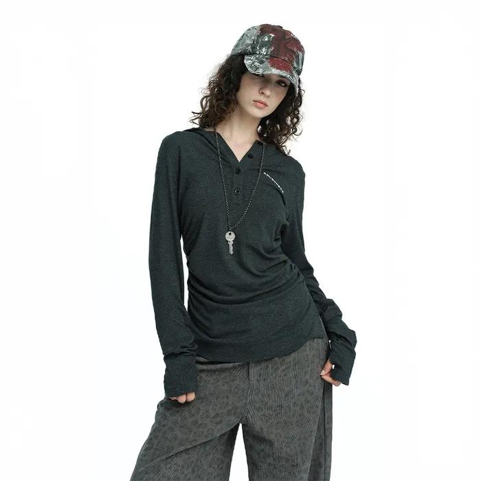 Henley Hooded Long Sleeve Top Gray