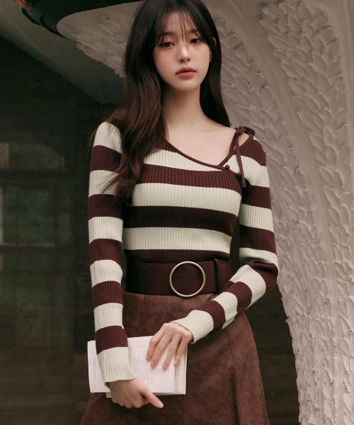 CUT OUT RIBBON BOARDER KNIT BROWN