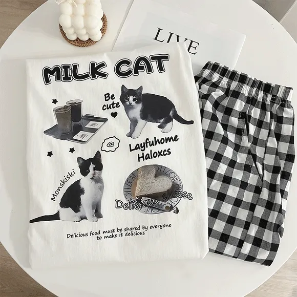 🖤[세트/단품] 빅사이즈 여름 잠옷 세트 파자마 고양이 반팔 체크바지 상하세트 잠옷바지