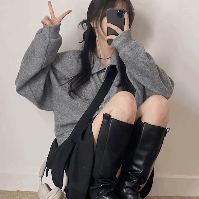 [아방핏/여리여리] 벌룬 카라 스냅 단추 트임 아방핏 루즈핏 가디건