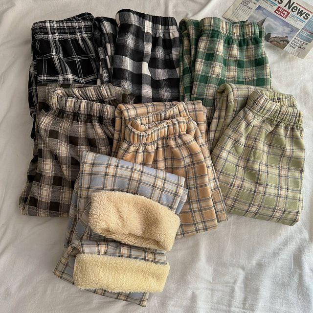 포근 따숩 양털 기모 안감 체크 와이드 일자 팬츠 수면바지