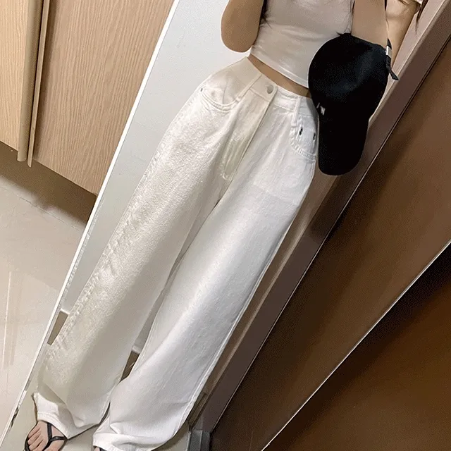 [여름바지] 하이웨스트 와이드 일자 청바지 화이트 크림 린넨 면 팬츠
